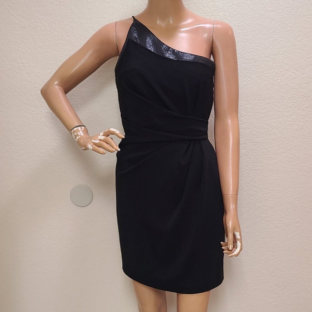 NEW NWT! HALSTON HERITAGE RUCHED MINI DRESS BLACK ONE SHOULDER SHIMMER sz 0